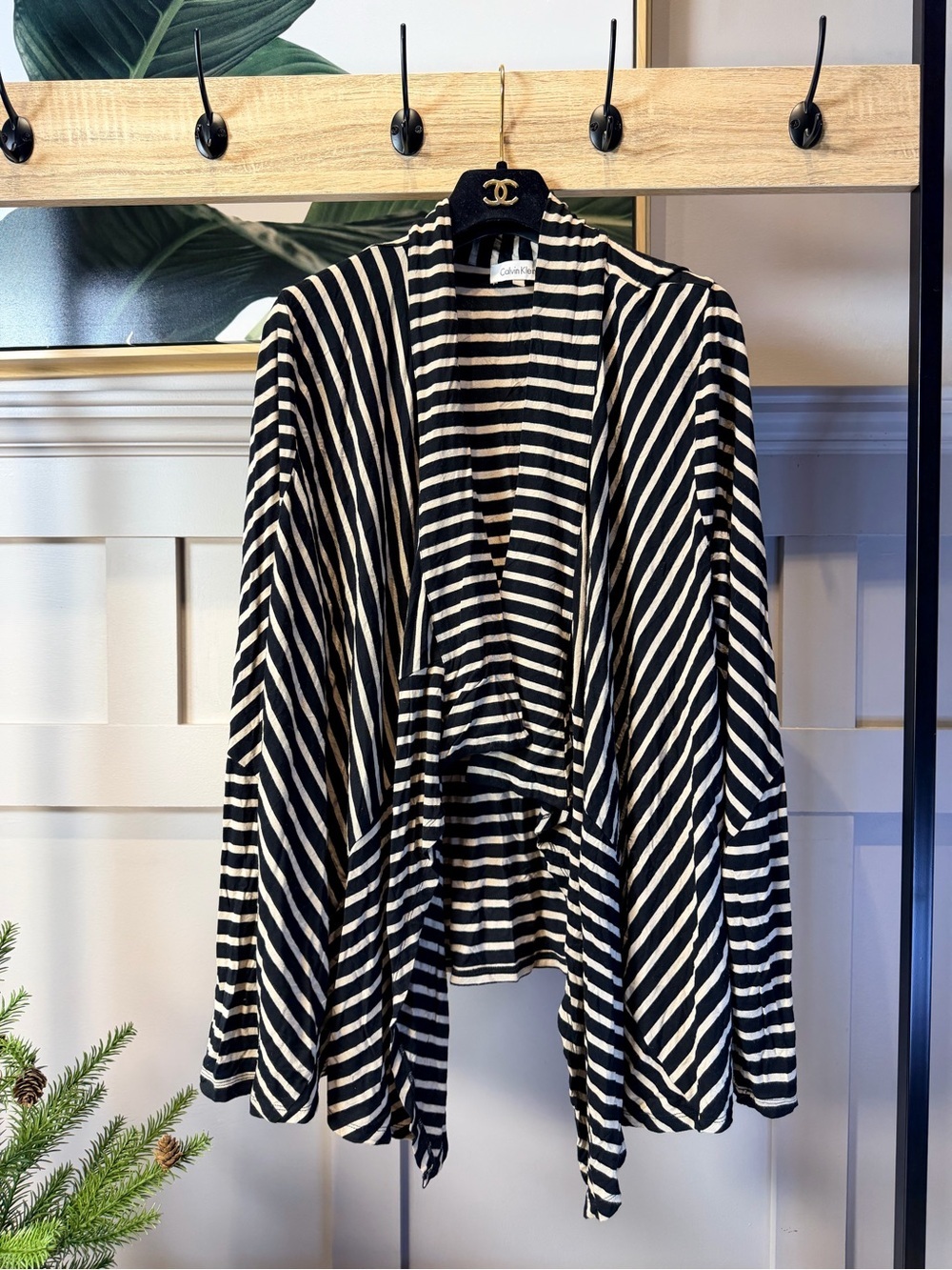 Calvin Klein Striped Open Front Cardigan - Black & Cream XL